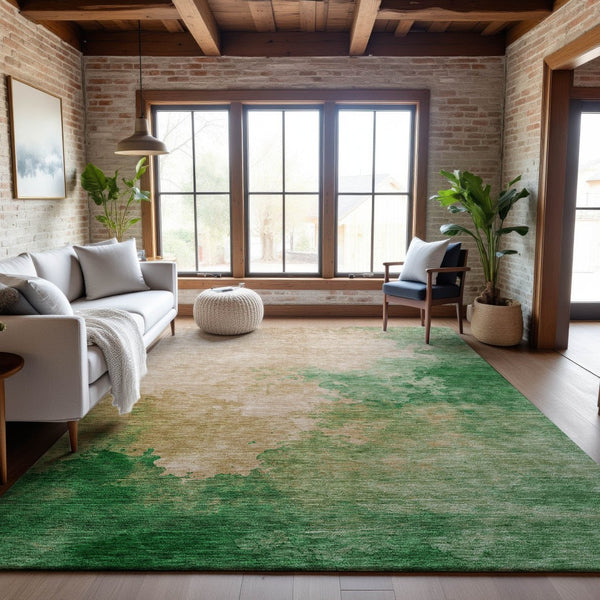 HomeRoots 5' X 8' Abstract Area Rug in Peach, Emerald & Beige - Washable, UV Protected, Pet-Friendly Design 686164