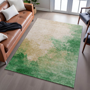 HomeRoots 5' X 8' Abstract Area Rug in Peach, Emerald & Beige - Washable, UV Protected, Pet-Friendly Design 686164