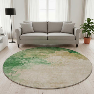 HomeRoots 8' Washable Round Rug in Peach, Emerald & Beige - UV Protected, Stain Resistant, Family-Friendly Design 686165
