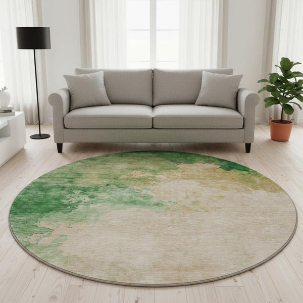 HomeRoots 8' Washable Round Rug in Peach, Emerald & Beige - UV Protected, Stain Resistant, Family-Friendly Design 686165