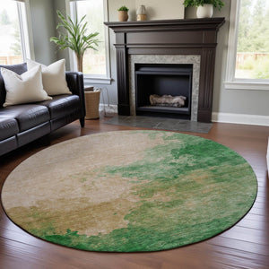 HomeRoots 8' Washable Round Rug in Peach, Emerald & Beige - UV Protected, Stain Resistant, Family-Friendly Design 686165