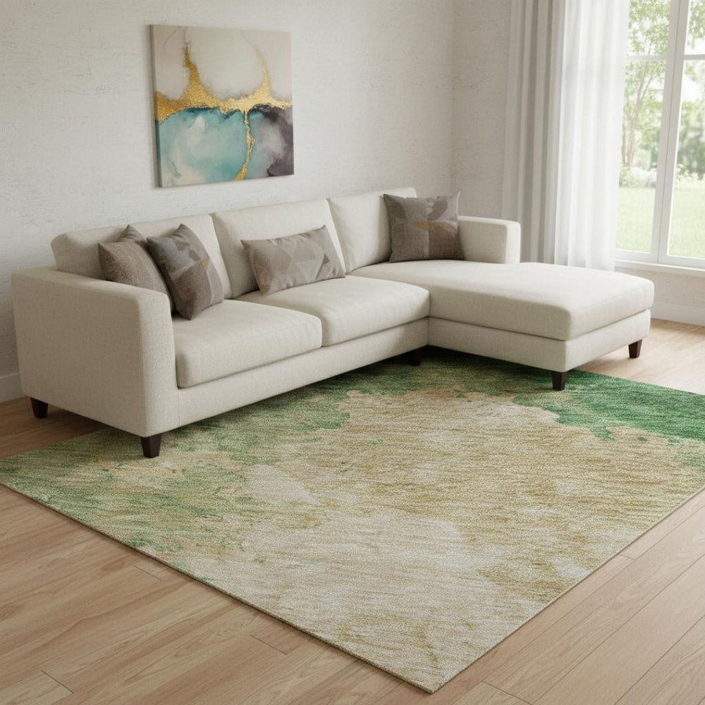 HomeRoots 8' X 10' Washable Area Rug in Peach, Emerald & Beige - Stain Resistant, UV Protected, Modern Design 686166