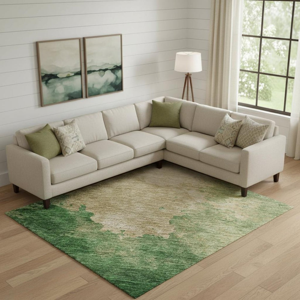 HomeRoots 9' X 12' Peach Emerald & Beige Abstract Washable Area Rug - Durable, UV-Protected, Stylish Design 686167