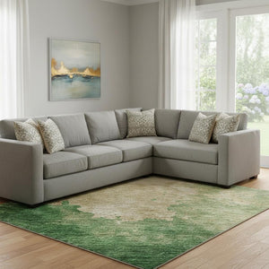 HomeRoots 10' x 14' Peach, Emerald & Beige Abstract Area Rug - Washable, UV-Protected, Ideal for High-Traffic Spaces 686168