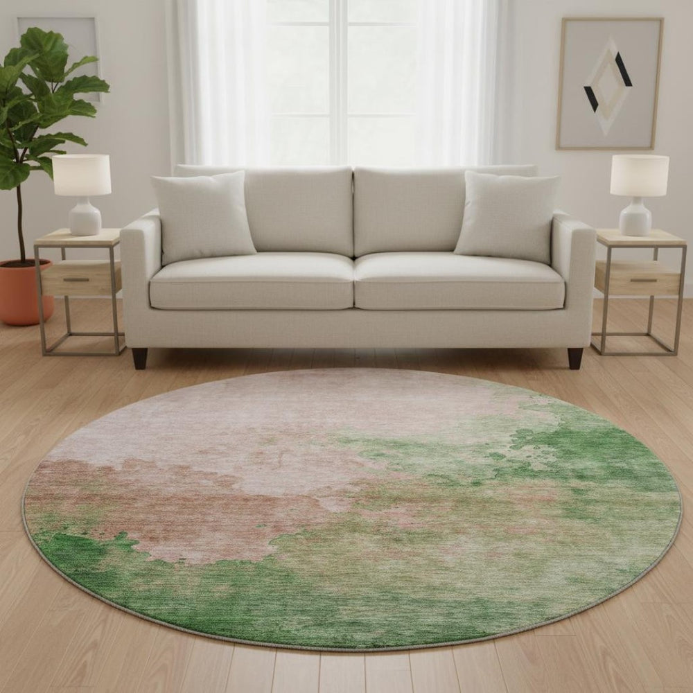 HomeRoots 8' Pink And Emerald Abstract Round Rug – Washable, UV Protected, Perfect for Playrooms & Living Spaces 686171