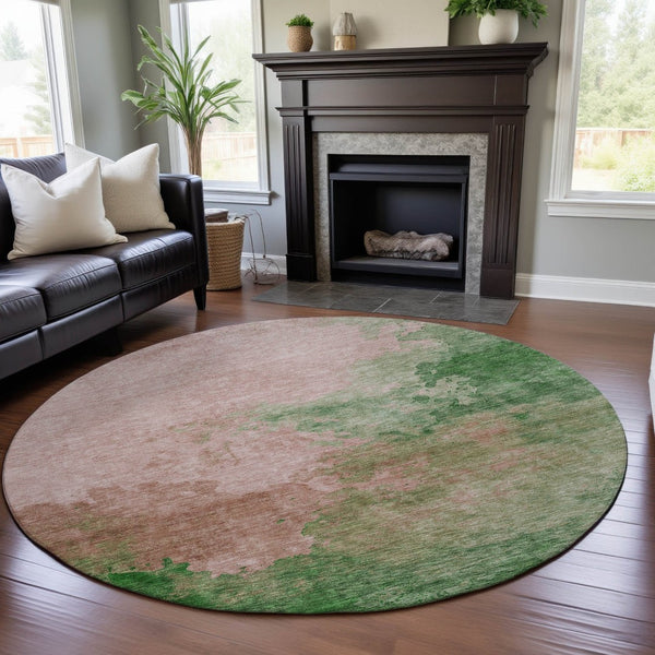 HomeRoots 8' Pink And Emerald Abstract Round Rug – Washable, UV Protected, Perfect for Playrooms & Living Spaces 686171