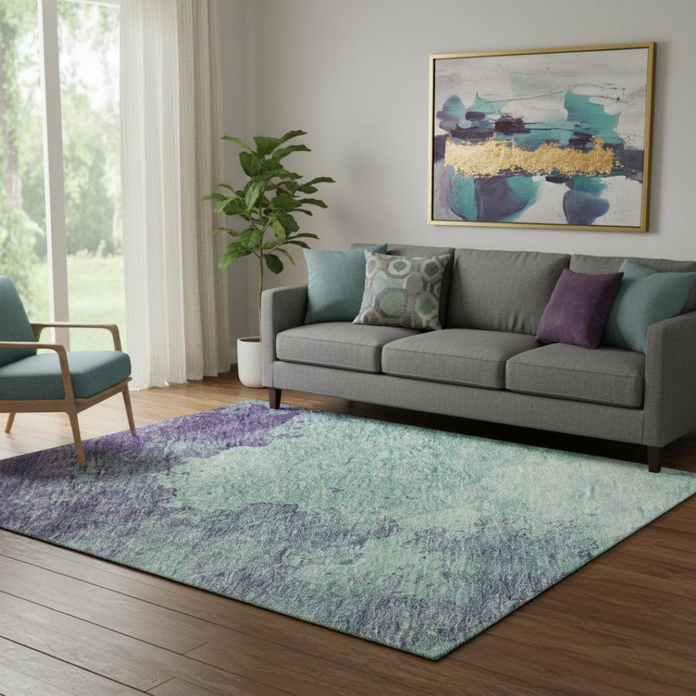 HomeRoots 5' Aqua and Purple Abstract Washable Area Rug - UV Protected, Stain Resistant, Perfect for High Traffic Spaces 686182