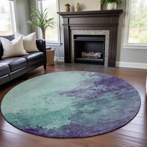 HomeRoots 8' Aqua & Purple Abstract Washable Round Rug - UV Protected, Stain Resistant, Family-Friendly Decor 686183