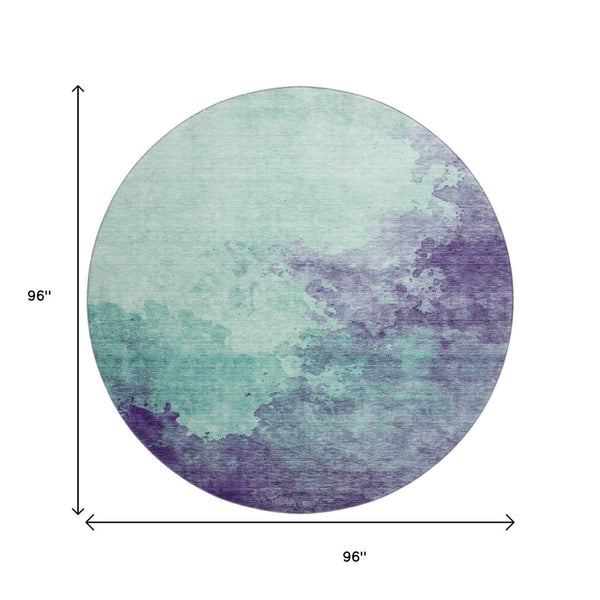 HomeRoots 8' Aqua & Purple Abstract Washable Round Rug - UV Protected, Stain Resistant, Family-Friendly Decor 686183