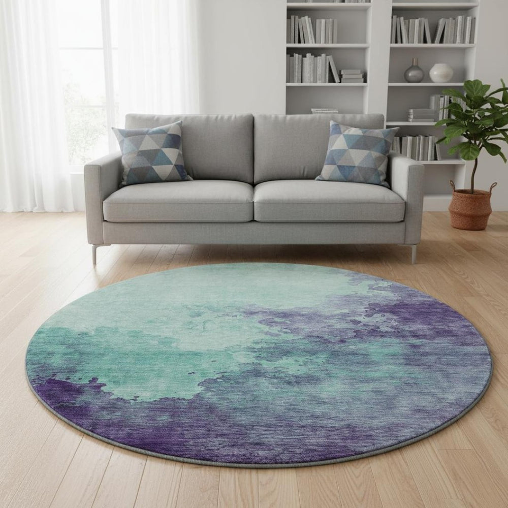 HomeRoots 8' Aqua & Purple Abstract Washable Round Rug - UV Protected, Stain Resistant, Family-Friendly Decor 686183