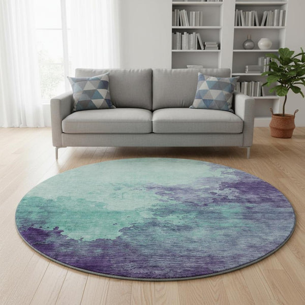 HomeRoots 8' Aqua & Purple Abstract Washable Round Rug - UV Protected, Stain Resistant, Family-Friendly Decor 686183