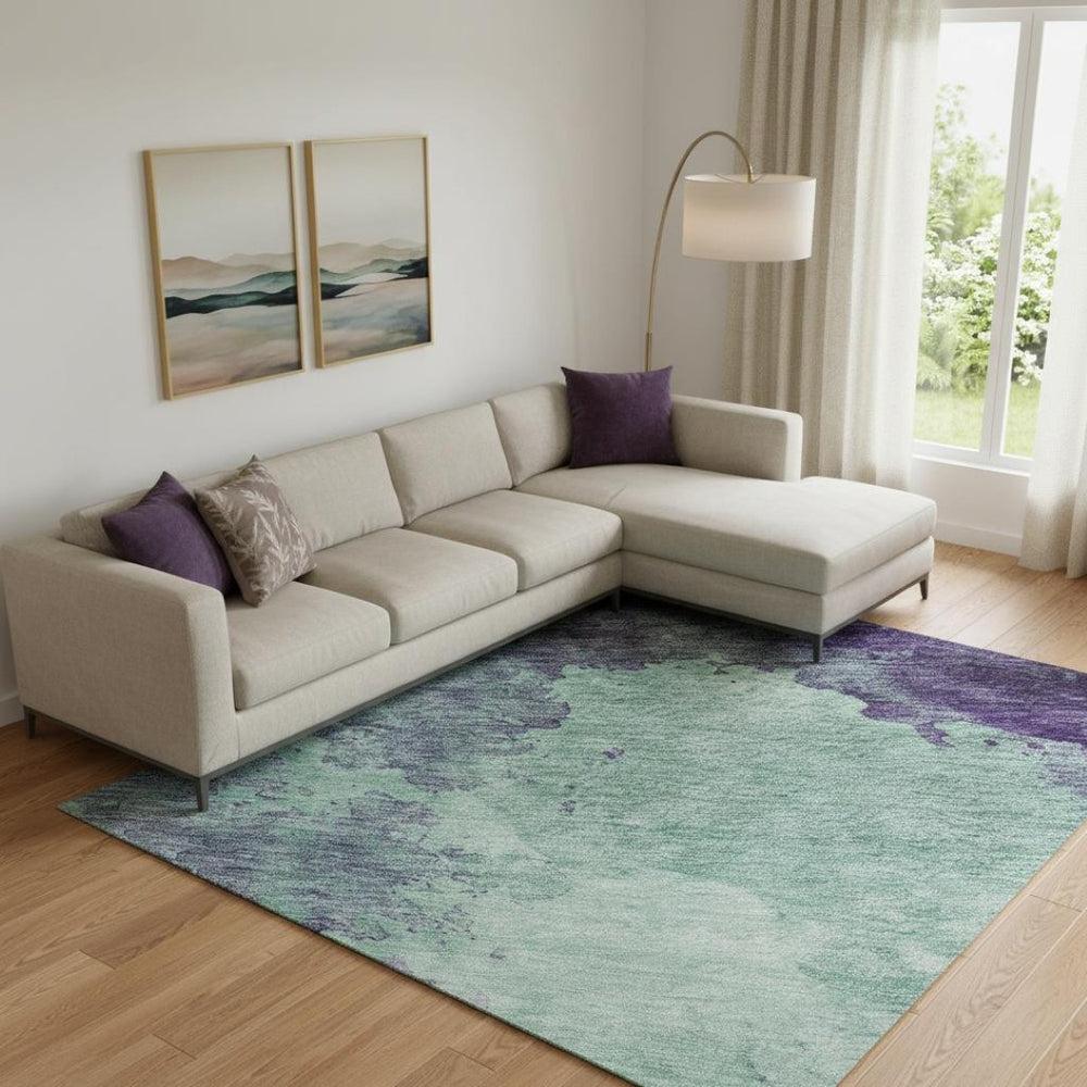 HomeRoots 9' X 12' Stylish Aqua and Purple Abstract Washable Area Rug - Durable, UV-Protected, Easy-Care Design 686185