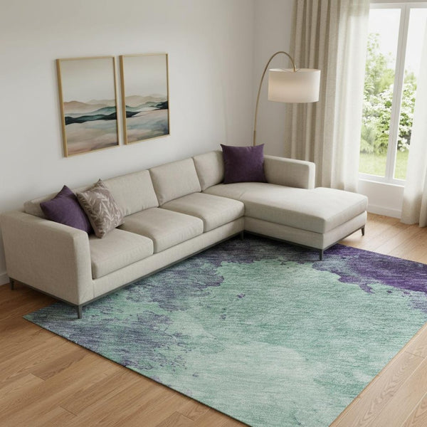 HomeRoots 9' X 12' Stylish Aqua and Purple Abstract Washable Area Rug - Durable, UV-Protected, Easy-Care Design 686185