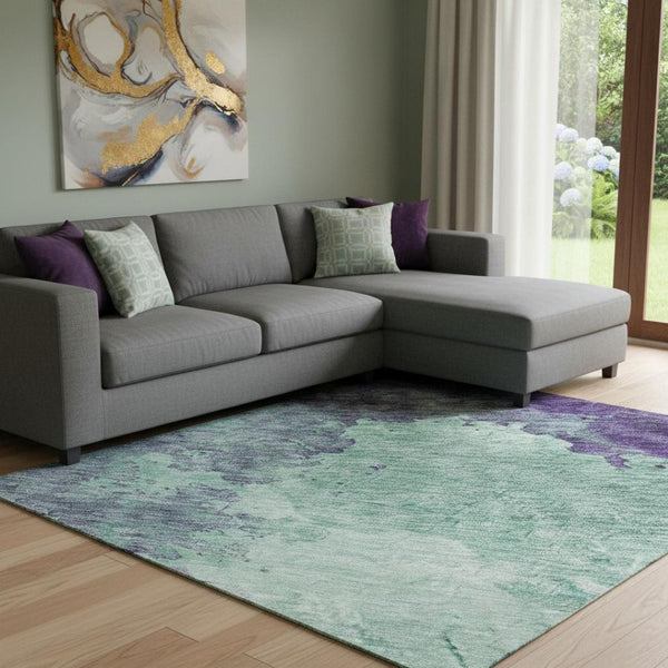 HomeRoots 10' Aqua & Purple Abstract Washable Area Rug - Durable, UV-Protected for Homes with Kids & Pets 686186