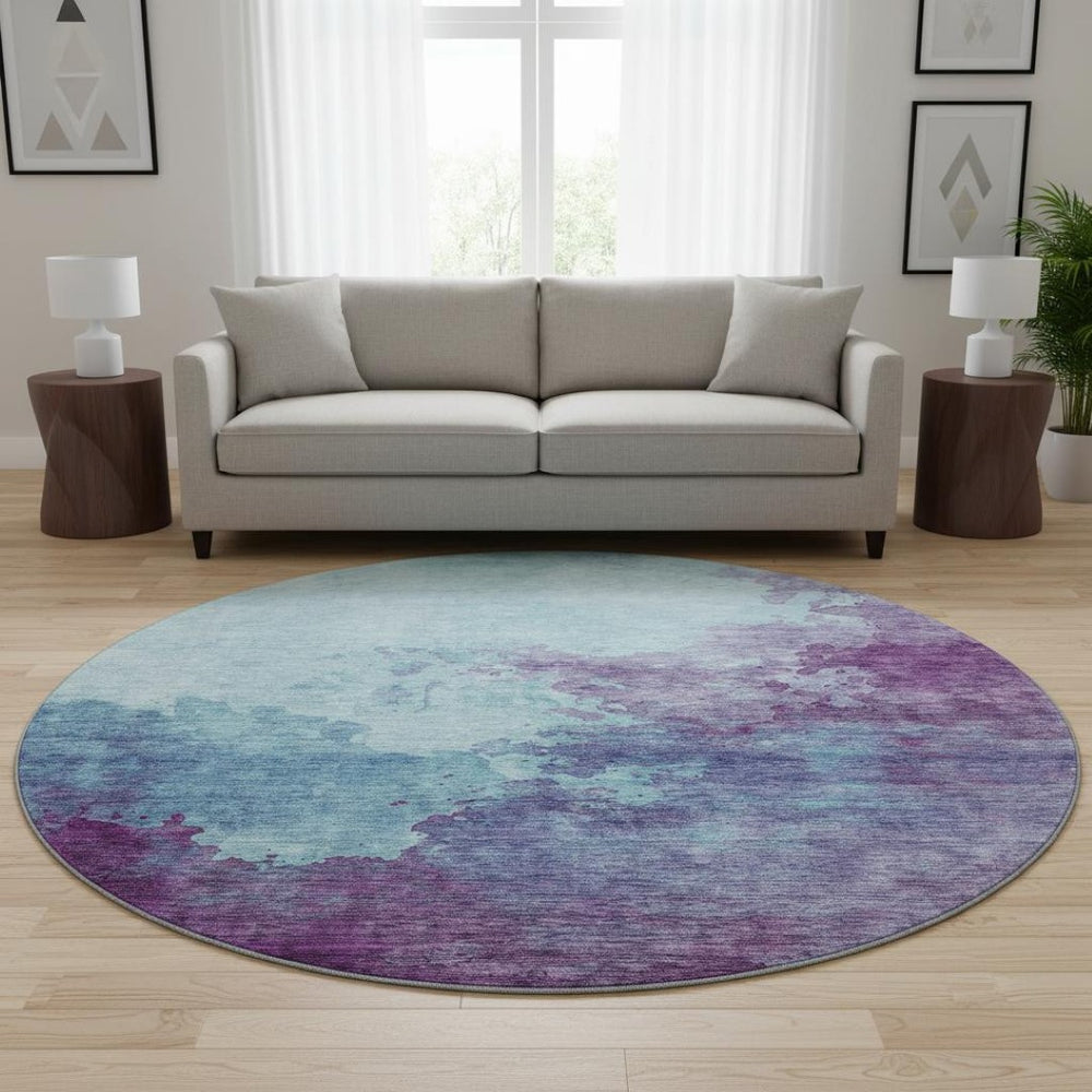 HomeRoots 8' Sky Blue and Purple Abstract Round Rug – Washable, UV Protected, Stain Resistant for Modern Spaces 686189