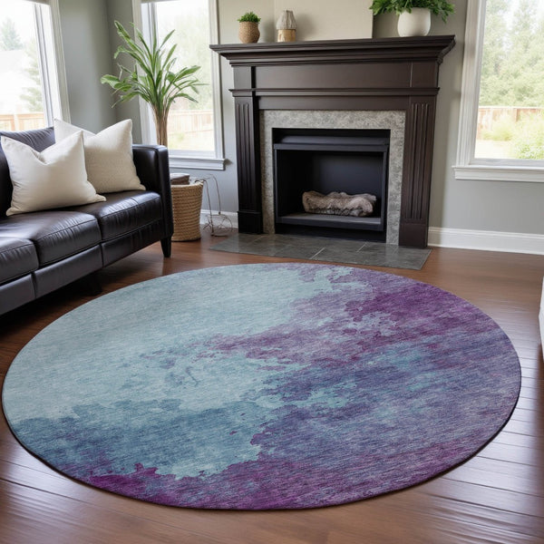 HomeRoots 8' Sky Blue and Purple Abstract Round Rug – Washable, UV Protected, Stain Resistant for Modern Spaces 686189