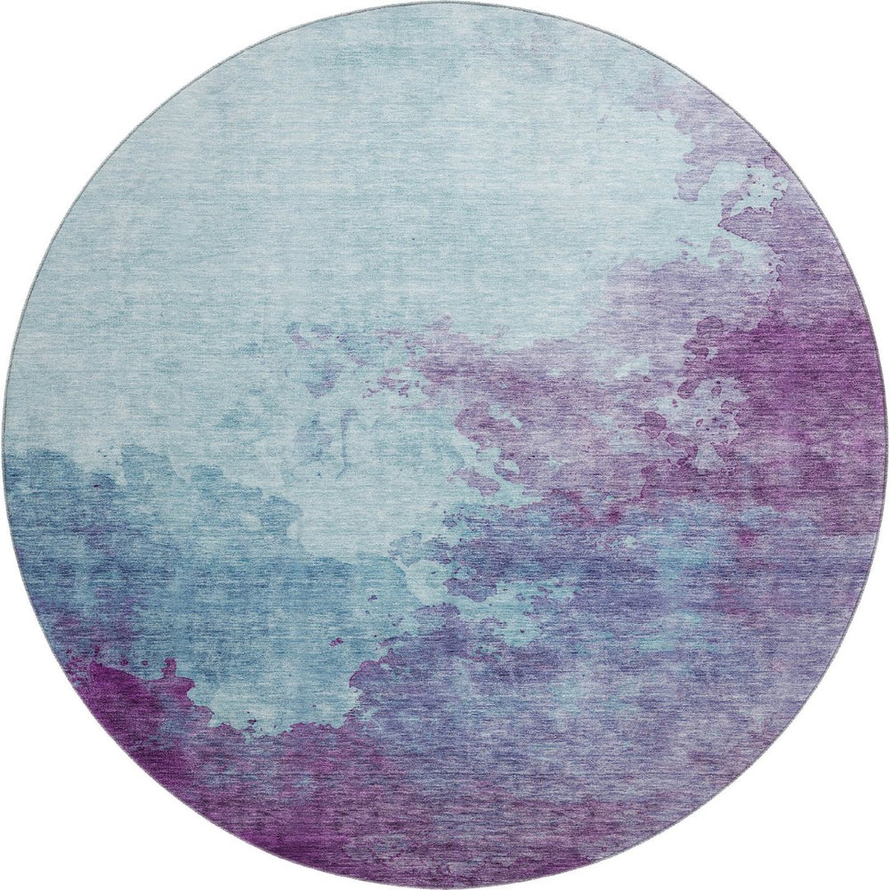 HomeRoots 8' Sky Blue and Purple Abstract Round Rug – Washable, UV Protected, Stain Resistant for Modern Spaces 686189