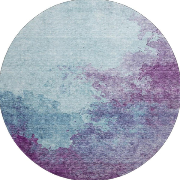HomeRoots 8' Sky Blue and Purple Abstract Round Rug – Washable, UV Protected, Stain Resistant for Modern Spaces 686189