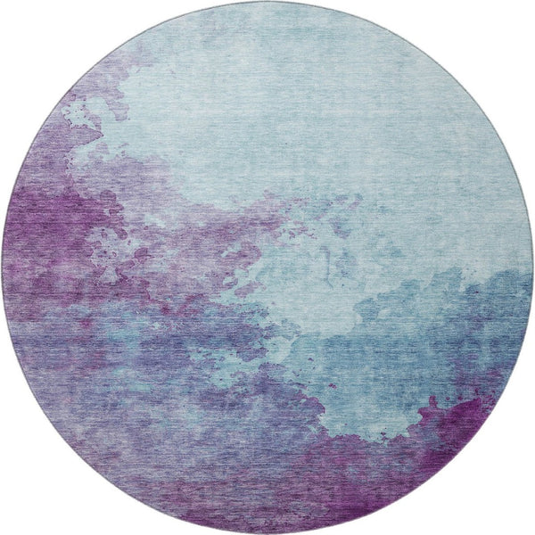 HomeRoots 8' Sky Blue and Purple Abstract Round Rug – Washable, UV Protected, Stain Resistant for Modern Spaces 686189