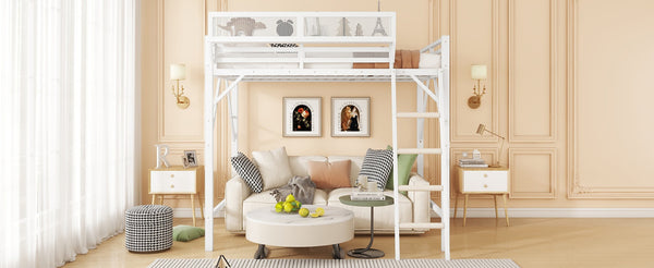 English Elm Queen Metal High Loft Bed with Storage Shelf and Ladder for Teens Small Spaces W2580P351278