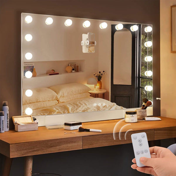 English Elm 31.5"x22.8" Selfie Remote Vanity Mirror with 18 LEDs, 10X Magnifier, Magnet Phone Mount, Slim Design W3660P373024