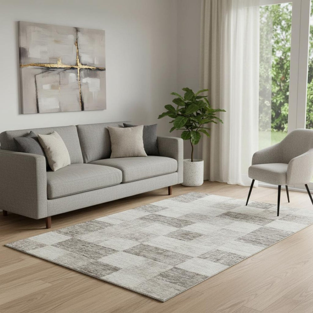 HomeRoots 5' X 8' Beige And Taupe Geometric Area Rug – Washable, Stain Resistant, UV Protected for Easy Care 686194