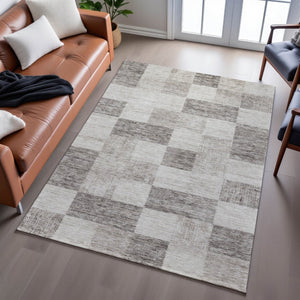 HomeRoots 5' X 8' Beige And Taupe Geometric Area Rug – Washable, Stain Resistant, UV Protected for Easy Care 686194