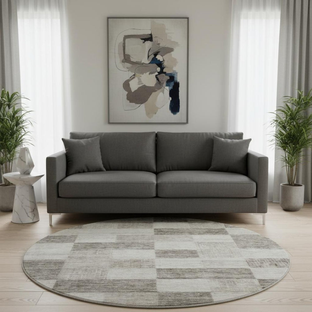 HomeRoots 8' Washable Beige and Taupe Round Rug with UV Protection - Stylish Geometric Design for All Spaces 686195