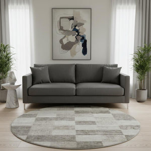 HomeRoots 8' Washable Beige and Taupe Round Rug with UV Protection - Stylish Geometric Design for All Spaces 686195