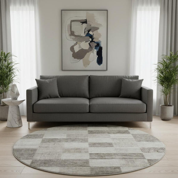 HomeRoots 8' Washable Beige and Taupe Round Rug with UV Protection - Stylish Geometric Design for All Spaces 686195