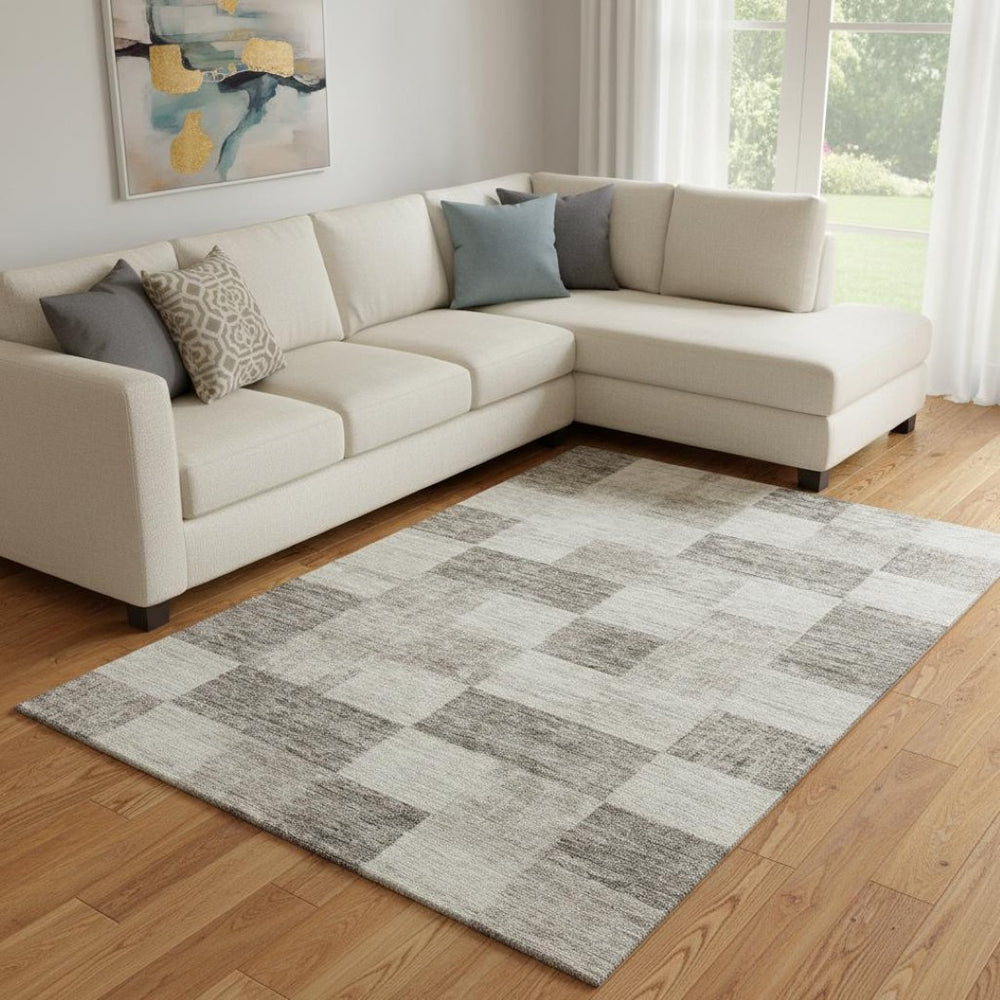 HomeRoots 8' X 10' Beige And Taupe Geometric Area Rug - Washable, UV Protected, Ideal for Family Spaces 686196