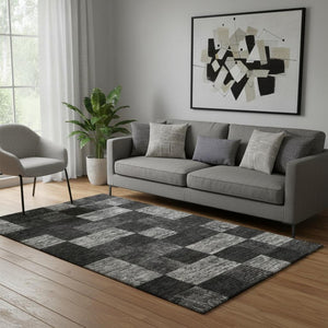HomeRoots 5' X 8' Contemporary Black Gray Silver Geometric Area Rug - Washable, UV-Protected for Durability 686200