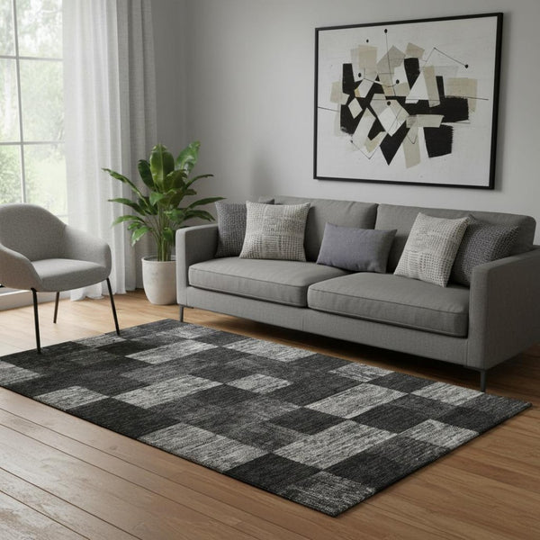 HomeRoots 5' X 8' Contemporary Black Gray Silver Geometric Area Rug - Washable, UV-Protected for Durability 686200