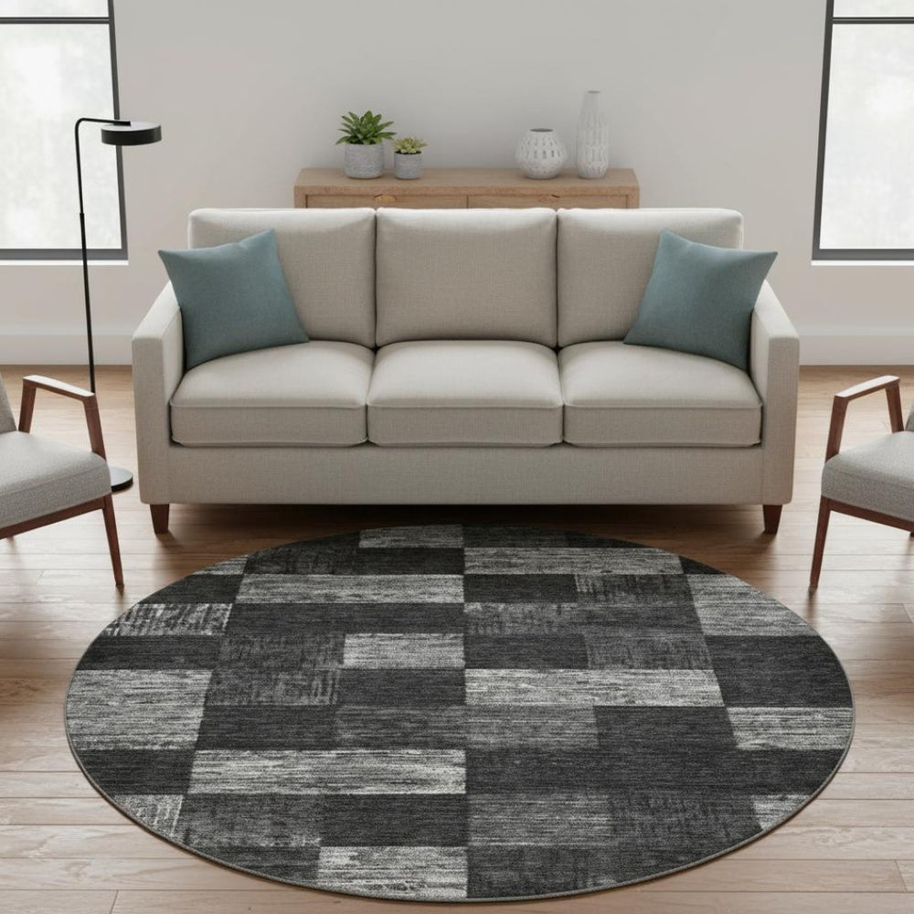 HomeRoots 8' Modern Black Gray Silver Geometric Round Rug - Washable, UV Protected, Durable for High Traffic Areas 686201