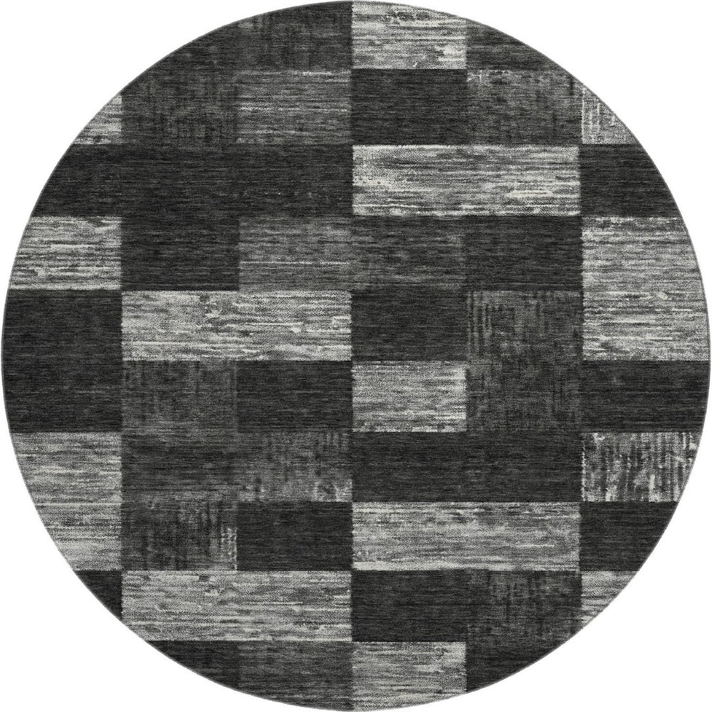 HomeRoots 8' Modern Black Gray Silver Geometric Round Rug - Washable, UV Protected, Durable for High Traffic Areas 686201