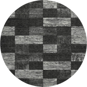 HomeRoots 8' Modern Black Gray Silver Geometric Round Rug - Washable, UV Protected, Durable for High Traffic Areas 686201