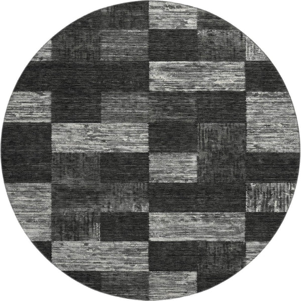 HomeRoots 8' Modern Black Gray Silver Geometric Round Rug - Washable, UV Protected, Durable for High Traffic Areas 686201
