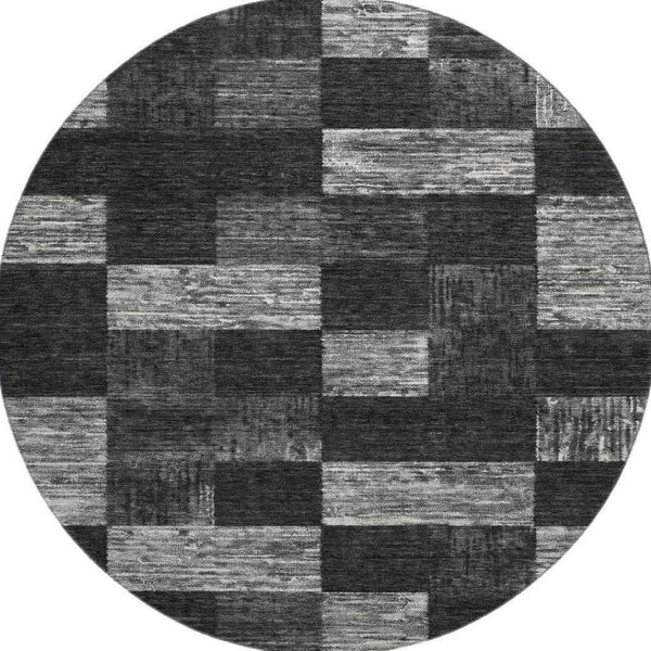 HomeRoots 8' Modern Black Gray Silver Geometric Round Rug - Washable, UV Protected, Durable for High Traffic Areas 686201