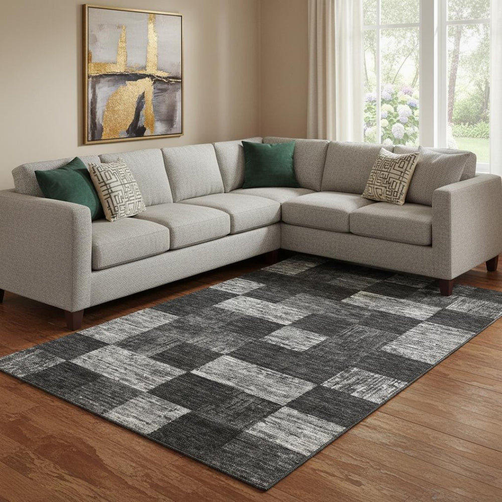 HomeRoots 8' X 10' Modern Black Gray & Silver Geometric Area Rug - Washable, UV-Protected & Non-Slip Design 686202