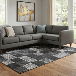 HomeRoots 10' Geometric Washable Area Rug in Black, Gray & Silver - UV Protected, Durable for High Traffic Areas 686204