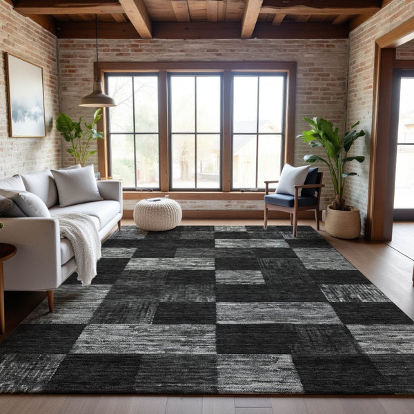 HomeRoots 10' Geometric Washable Area Rug in Black, Gray & Silver - UV Protected, Durable for High Traffic Areas 686204