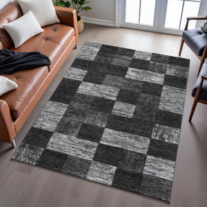HomeRoots 10' Geometric Washable Area Rug in Black, Gray & Silver - UV Protected, Durable for High Traffic Areas 686204