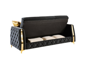 English Elm Lippa Quilted Polyester Sleeper Sofa with Gold Legs Storage and Contemporary Style Black B009S02234