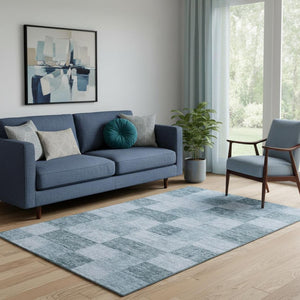 HomeRoots 5' X 8' Denim Blue & Sky Blue Geometric Area Rug - Washable, Stain Resistant, UV Protected Design 686212