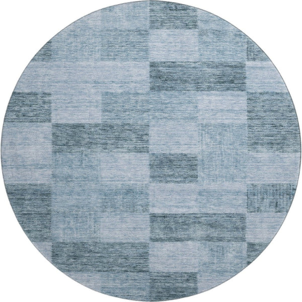 HomeRoots 8' Stylish Denim & Sky Blue Geometric Washable Round Rug - Durable, UV Resistant, Easy Care Design 686213