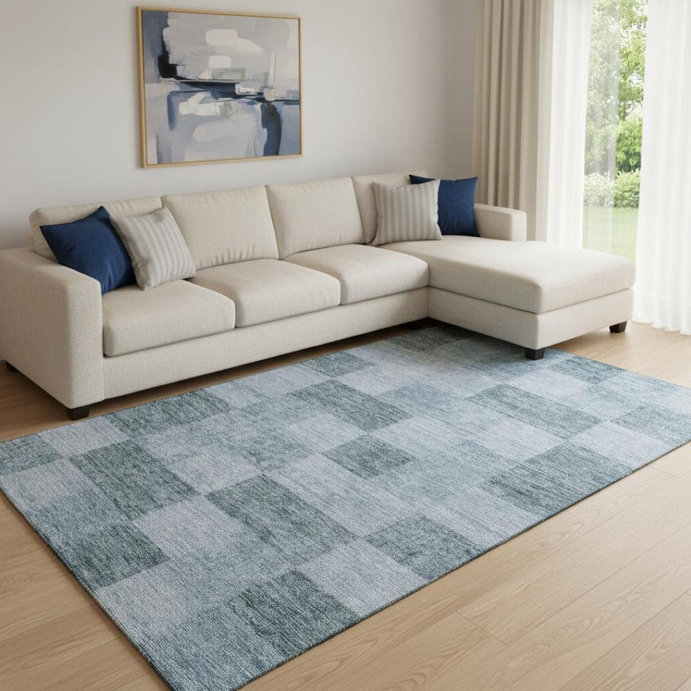 HomeRoots 8' X 10' Denim Blue Geometric Area Rug - Washable, UV-Protected, Stylish & Durable for High-Traffic Areas 686214