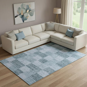 HomeRoots 9' X 12' Stylish Denim & Sky Blue Geometric Area Rug - Washable, UV Protected, Family-Friendly Design 686215