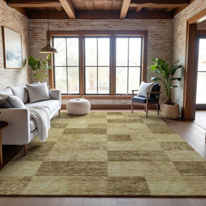 HomeRoots 5' X 8' Gold and Wheat Geometric Area Rug - Washable, UV-Protected, Durable for High-Traffic Spaces 686218