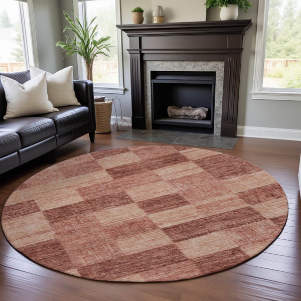 HomeRoots 8' Washable Round Rug in Rust & Copper - Geometric Design, UV Protected, Stain-Resistant & Durable 686231