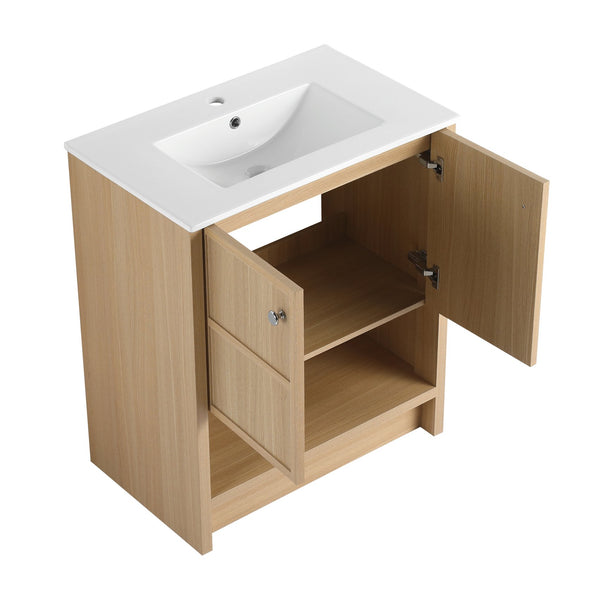 English Elm 30" Freestanding Bathroom Vanity with Ceramic Sink, Oak Plywood Finish, Soft-Closing Doors, Open Shelf W1972S00024